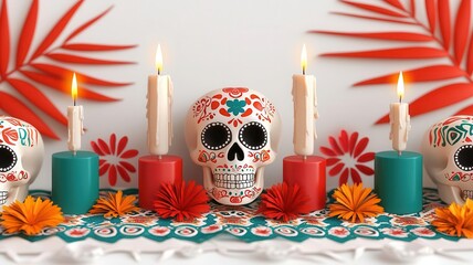 Mexican heritage altar, skulls and candles, rich cultural colors, A Cultural Insight into Día de los Muertos: The Symbolic Use of Marigolds, Candlelight, and Sugar Skulls