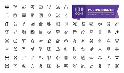 Brushes and painting line icons. Contains such as spray, paint bucket and more. Pixel perfect, minimalistic web and UI icon. Outline icon collections. © Rubbble