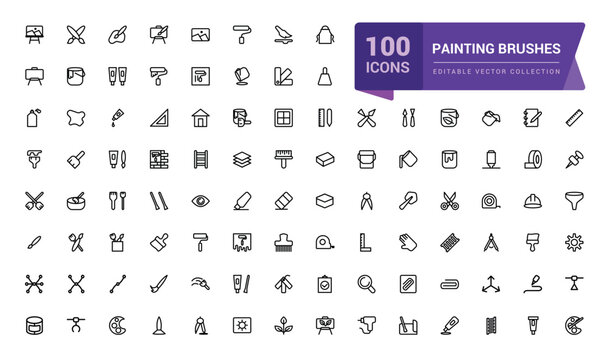 Brushes and painting line icons. Contains such as spray, paint bucket and more. Pixel perfect, minimalistic web and UI icon. Outline icon collections.