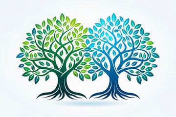 Obraz premium A stylized, modern logo featuring intertwined tree silhouettes in shades of green and blue, set against a clean white background with ample negative space.