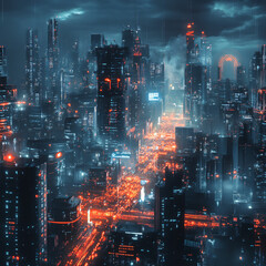 A smart city at night with glowing AI-driven infrastructure.