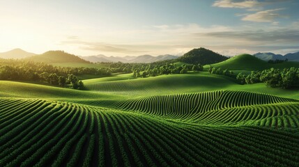 Naklejka premium A serene landscape of rolling green hills under a clear sky at sunset, showcasing the beauty of nature and agricultural patterns.