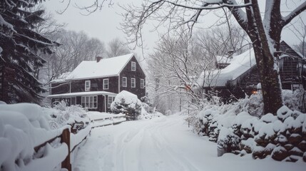 A charming winter village, covered in a pristine layer of snow, featuring cozy cottages and quiet streets, evoking a timeless, peaceful atmosphere.