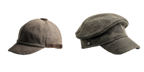 A pair of stylish grey wool hats, featuring a modern baseball cap and a classic newsboy cap cut out transparent isolated on white background PNG