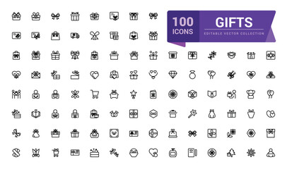 Set of gift line icons. Contains icons of box, bow, gift card and more. Pixel perfect, minimalistic outline icons collection. Editable vector illustration.