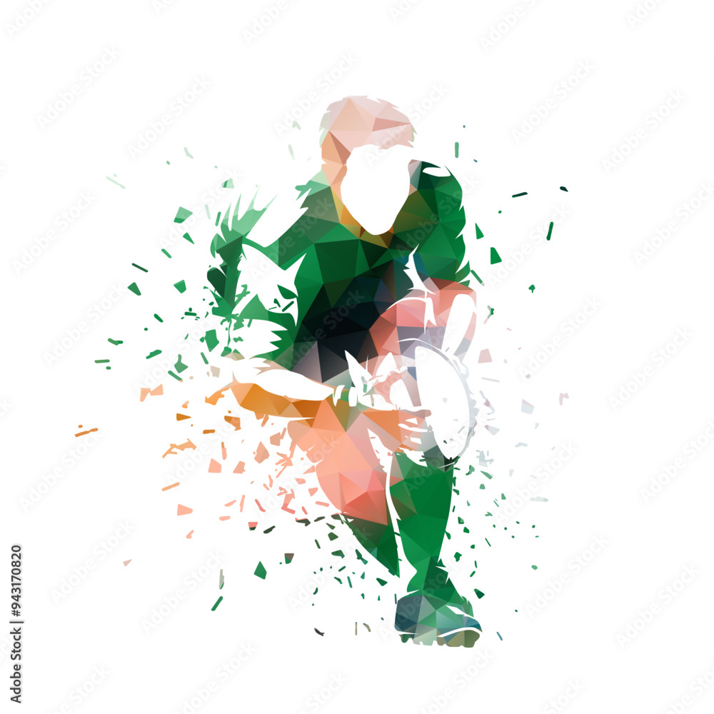 Poster rugby player running with ball, low poly isolated vector illustration. rugby logo