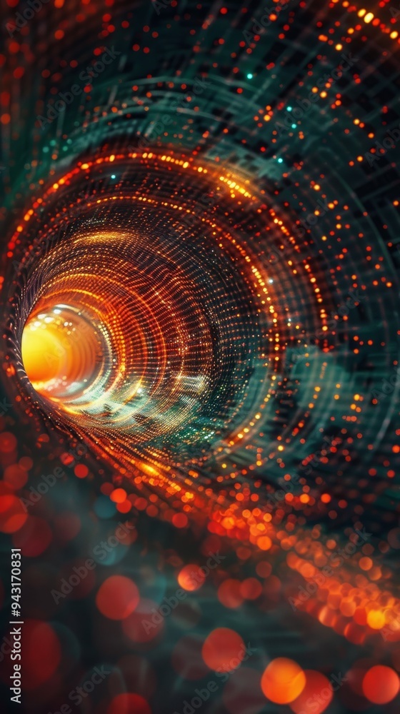 Poster a vibrant tunnel of light and colors swirling with digital particles at dusk creates a mesmerizing v
