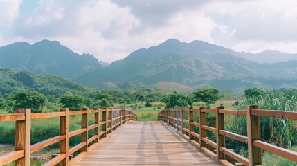 Obraz premium A wooden bridge leads into a lush, green valley with towering mountains in the distance under a partly cloudy sky.