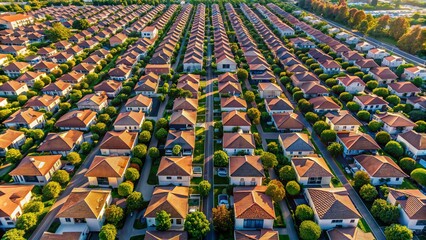 A verdant metropolitan landscape unfolds, revealing a seemingly endless array of rooftops, laid out in precision-crafted grids, with identical home after identical home.