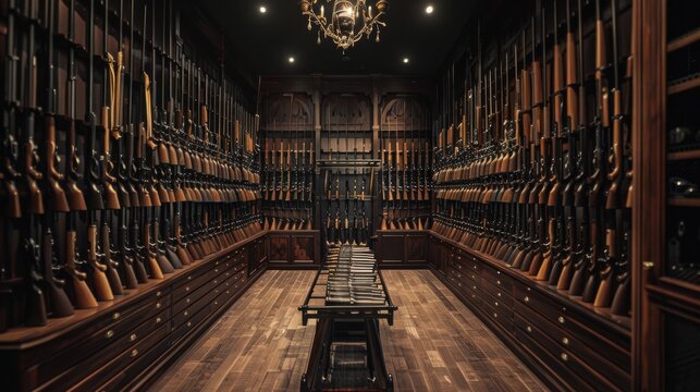 An elegantly curated gun room with walls lined with meticulously organized firearms, showcasing a vintage and classic ambiance.