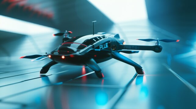 A sleek black drone labeled "PLICE" hovers in a futuristic, illuminated indoor space, showcasing advanced design and technology.