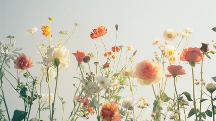 Fototapeta premium A diverse array of vibrant flowers reach skyward, bathed in soft sunlight, epitomizing the beauty and elegance of a spring meadow.