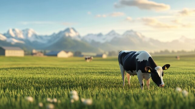 A cow grazing on a lush green field with a picturesque mountain range and quaint countryside buildings in the background. - Powered by Adobe