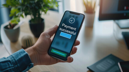 Person Holding Smartphone with "Payment Successful" Screen in Modern Office Setting