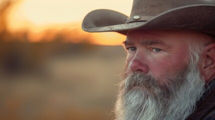 A contemplative cowboy, wearing a weathered hat, gazes intently in the warm glow of a sunset, capturing the rugged spirit of the American West.