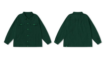 Green denim jacket front and back view, perfect for fashion design mockups