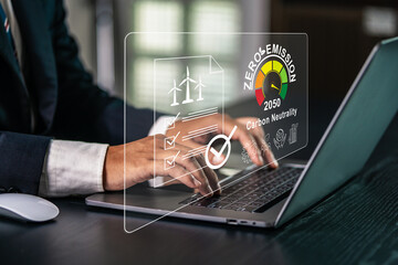 Platform for trading renewable energy certificates. Businessman using computer and virtual screen....