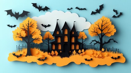 Spooky Halloween Papercraft Scene with Haunted House and Bats