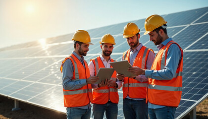 Engineers analyzing data in front of a large solar panel array on a sunny day, showcasing technology and sustainability, with space for text.








