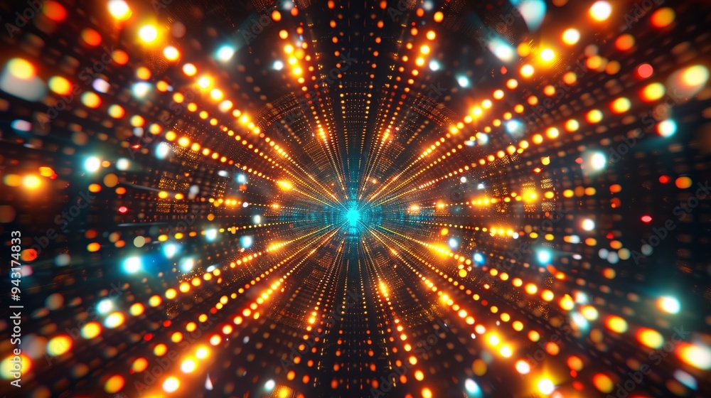 Poster vibrant abstract digital tunnel with glowing lights and dynamic motion effects in a futuristic setti