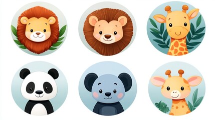 Cute animal cartoon icons featuring lion, bear, giraffe, panda, and koala for kids and educational content.