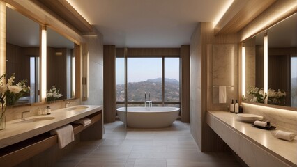 Fototapeta premium Modern Bathroom with Mountain View and Freestanding Tub