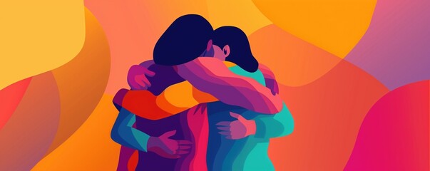 Abstract Illustration of Two People Hugging with Colorful Gradient Background