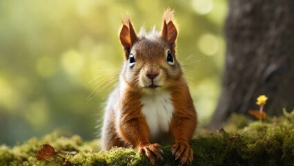Obraz premium a squirrel is sitting on a log and looking at the camera.