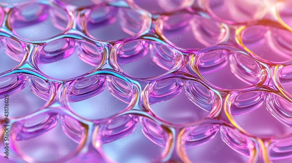 Poster a vibrant close-up of iridescent bubbles arranged in a grid, showcasing a mesmerizing play of light 