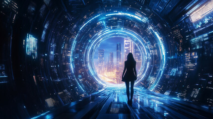 Obraz premium Futuristic fantasy landscape, future world, abstract designs. Progressive future. Generation AI