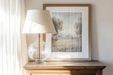 A large framed print on the wall above an old wooden dresser. A glass lamp with a linen shade is placed next to it. The artwork has a light and airy farmhouse style. A vintage painting of a landscape 