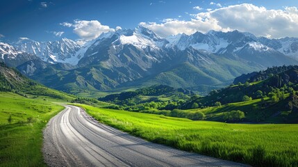 Naklejka premium A scenic road through green pastures, leading towards snow-capped peaks under a bright blue sky, capturing the beauty of a rural countryside.