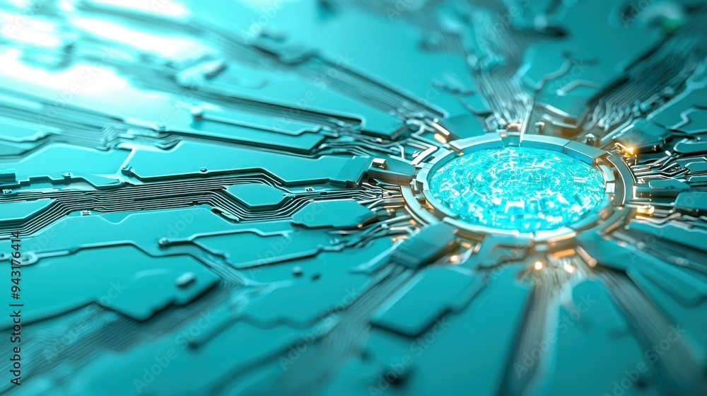 Poster close-up view of a futuristic circuit design with glowing elements on a vibrant turquoise background