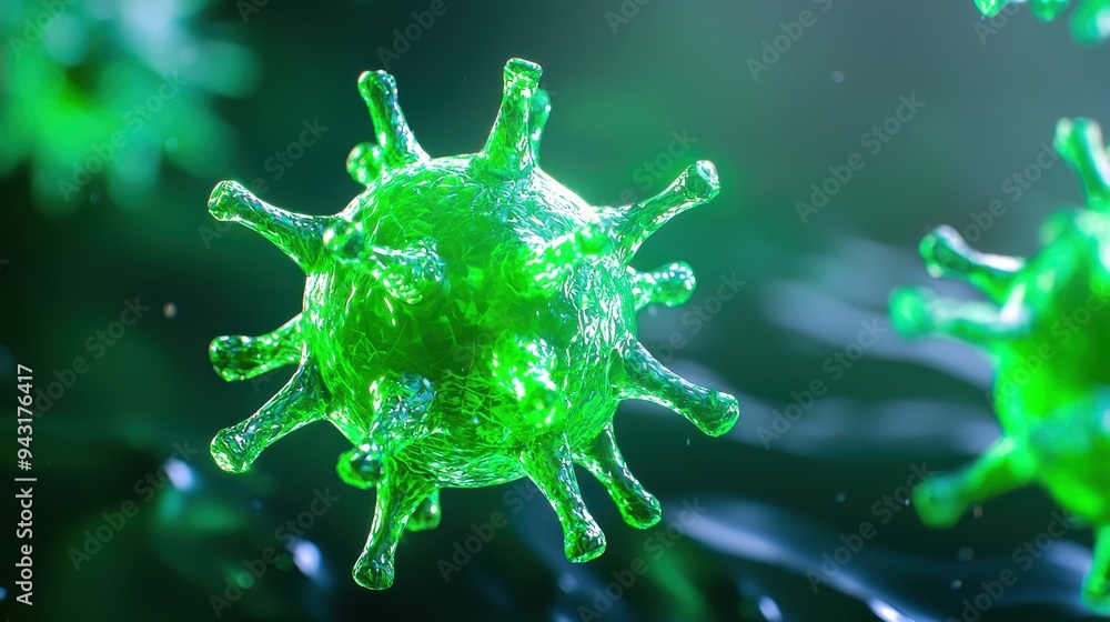 Poster close-up view of a green virus particle showcasing intricate details and textures in a microscopic e