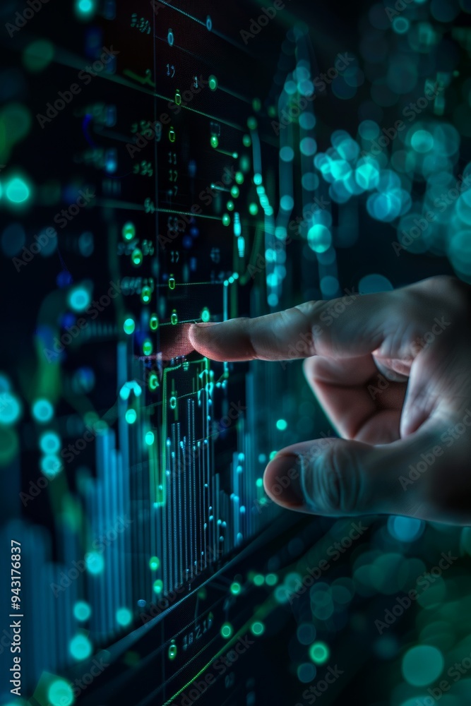 Poster a person interacting with a digital financial dashboard displaying stock market data in a dark envir