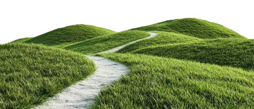 Serene hills, a winding dirt path meanders through lush green grass cut out transparent isolated on white background PNG