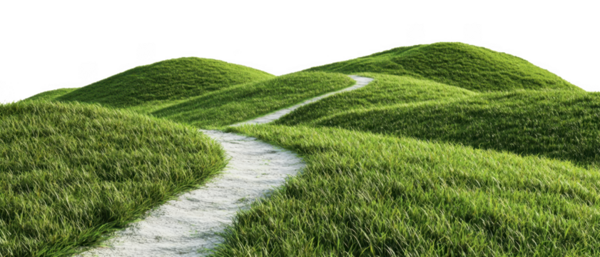 Serene hills, a winding dirt path meanders through lush green grass cut out transparent isolated on white background PNG