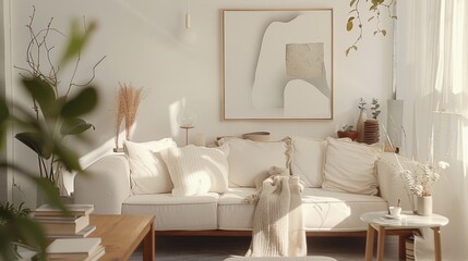 A sunlit, minimalist living room with modern decor and neutral tones, exuding a sense of calm and sophistication.