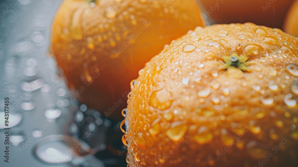 Poster Close-up of fresh, ripe oranges covered in water droplets, emphasizing their juiciness and freshness.