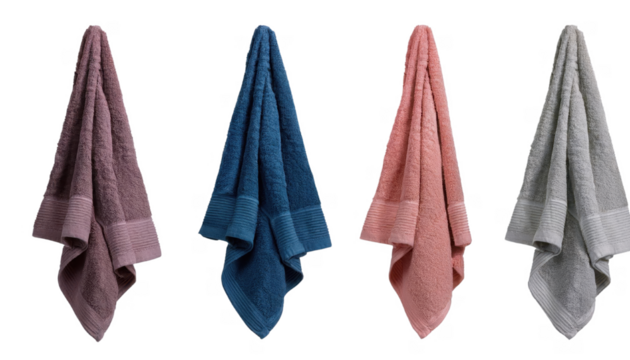 Colorful collection of plush towels hanging gracefully cut out transparent isolated on white background PNG