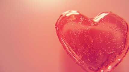 Fototapeta premium A translucent, textured heart shape with tiny bubbles encased in it set against a soft pink background, creating a romantic atmosphere.