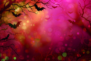 Halloween background with bats in mystical forest.  Eerie night sky in red pink mood. Bokeh effect illustration. Ideal backdrop for Halloween design, spooky theme, and haunted atmosphere