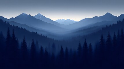 A mountain range with a blue sky and a forest. The mountains are covered in trees and the sky is clear