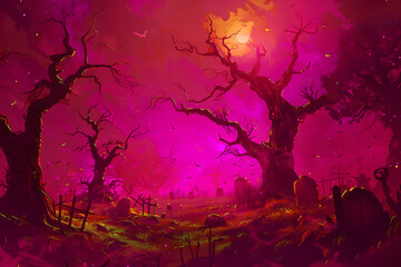 Abandoned old cemetery illustration in red magenta lights, with twisted trees. A dark, atmospheric spooky scene.  Scary and lonely landscape with gravestones under a glowing pink and orange sky. 