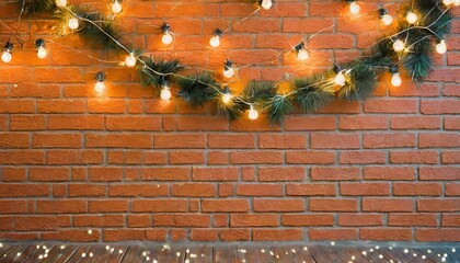 brick wall with garlands. Christmas background