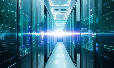 Animated Loop of Data Processing in a Global Network Flowing Through Computer Servers in a Server Room - Powered by Adobe