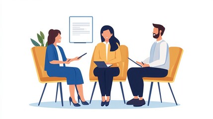 Illustration of a business meeting with three professionals discussing work. Ideal for teamwork, office, and corporate themes.