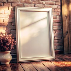 Empty white picture frame leaning against a brick wall on a wooden floor with warm sunlight casting shadows, perfect for mockups or displaying artwork.