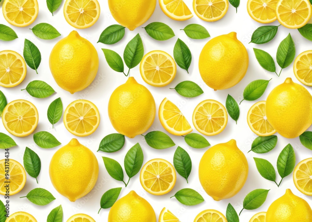 Poster bright yellow lemons arranged in a repeating geometric pattern on a white background, creating a vib