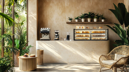 A modern, luxury tropical design cafe featuring a sleek counter with a state-of-the-art espresso machine and a cake display fridge. 